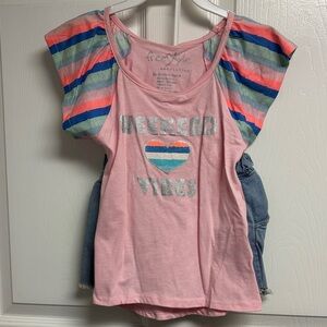 Freestyle Pink Tee with Striped Sleeves and Denim Shorts